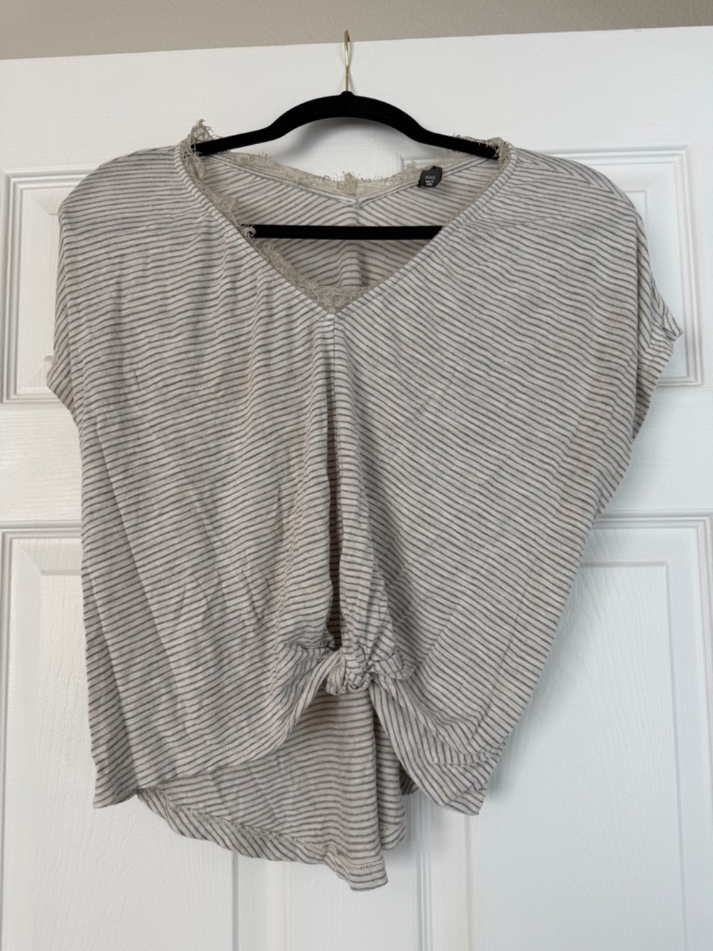 Alya Neutral Striped V-Neck Knot Front Short Sleeve Top
